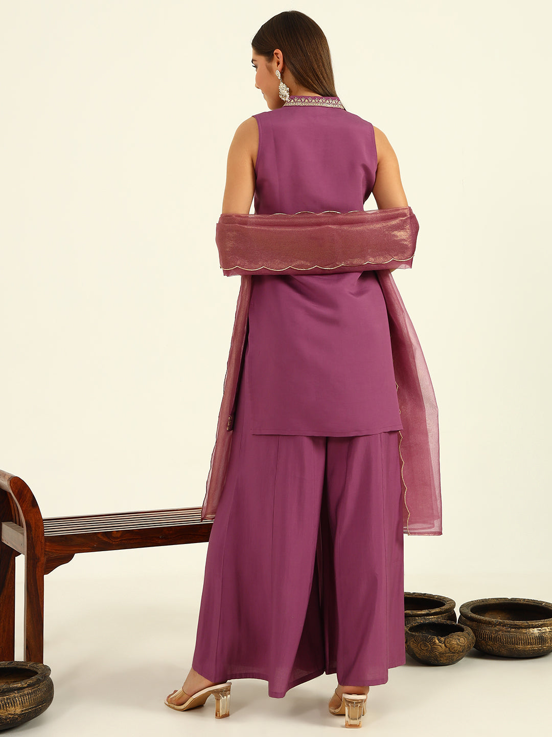 Women's Lavender Viscose Chanderi Straight Kurta with Palazzo and Dupatta