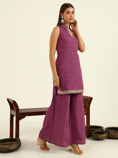 Women's Lavender Viscose Chanderi Straight Kurta with Palazzo and Dupatta