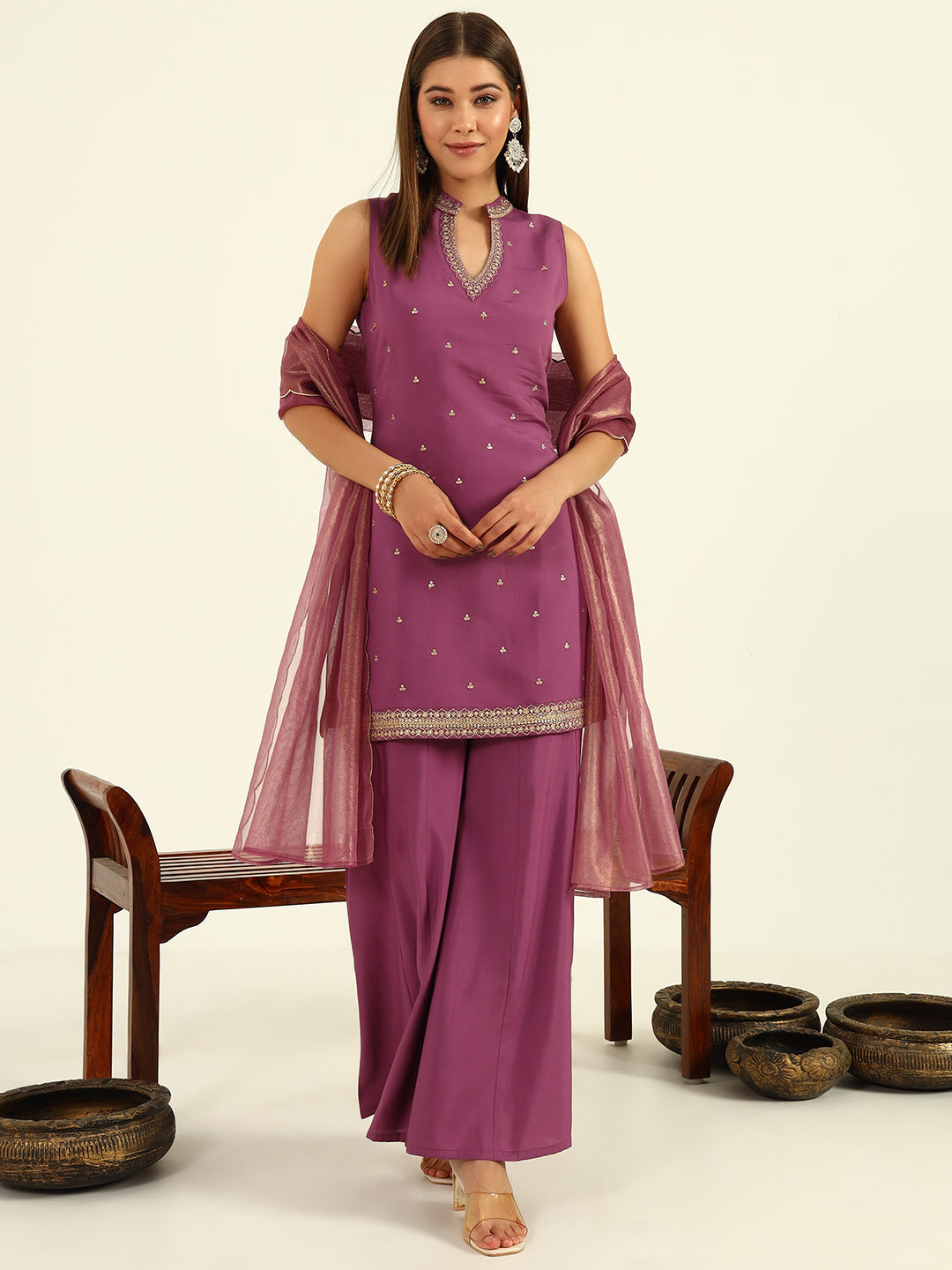 Women's Lavender Viscose Chanderi Straight Kurta with Palazzo and Dupatta