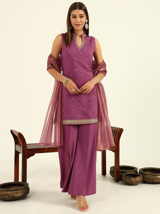 Women's Lavender Viscose Chanderi Straight Kurta with Palazzo and Dupatta