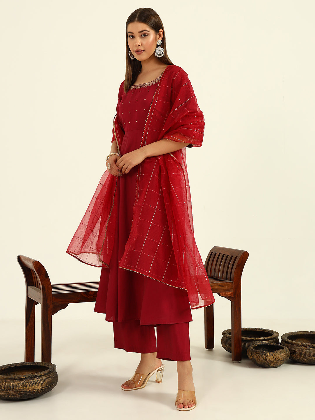 Women's Maroon Viscose Chanderi A-line Kurta with Pant and Dupatta