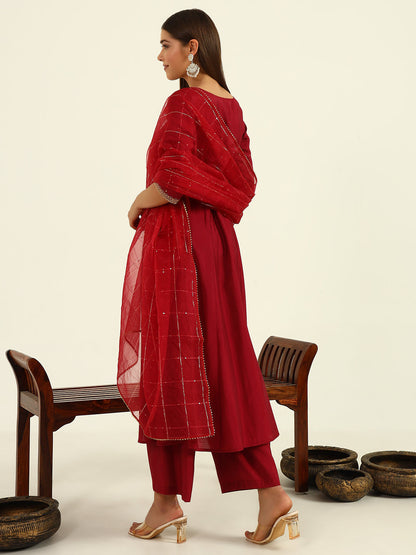 Women's Maroon Viscose Chanderi A-line Kurta with Pant and Dupatta