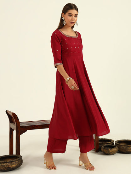 Women's Maroon Viscose Chanderi A-line Kurta with Pant and Dupatta