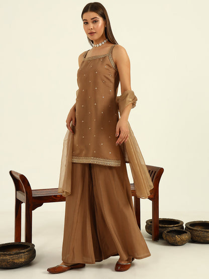 Women's Brown Viscose Chanderi Straight Kurta with Palazzo and Dupatta
