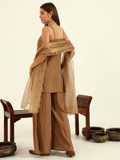 Women's Brown Viscose Chanderi Straight Kurta with Palazzo and Dupatta