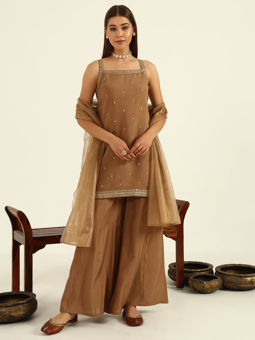 Women's Brown Viscose Chanderi Straight Kurta with Palazzo and Dupatta