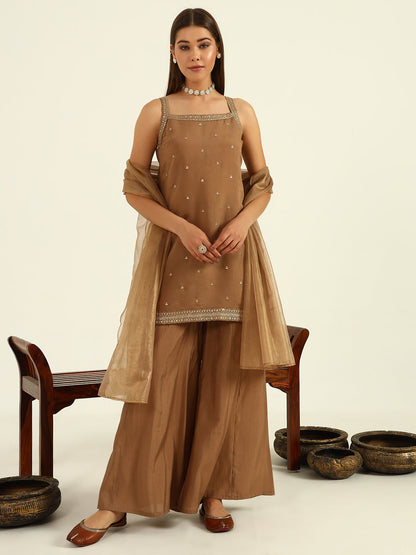 Women's Brown Viscose Chanderi Straight Kurta with Palazzo and Dupatta