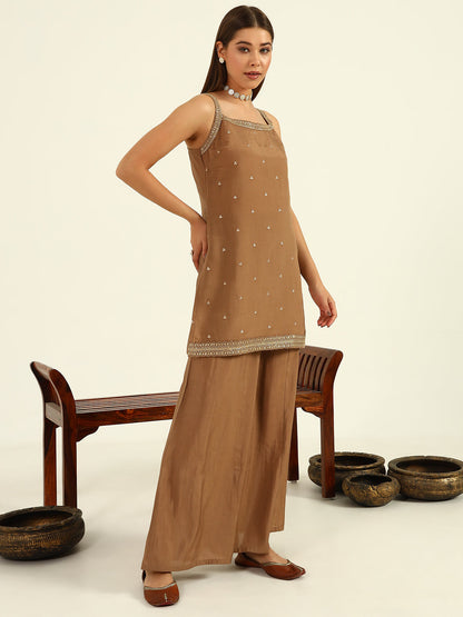 Women's Brown Viscose Chanderi Straight Kurta with Palazzo and Dupatta