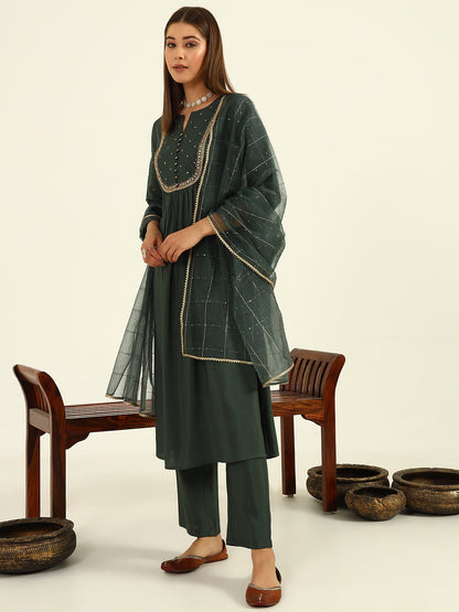 Women's Green Viscose Chanderi A-line Kurta with Pant and Dupatta