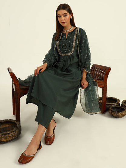Women's Green Viscose Chanderi A-line Kurta with Pant and Dupatta