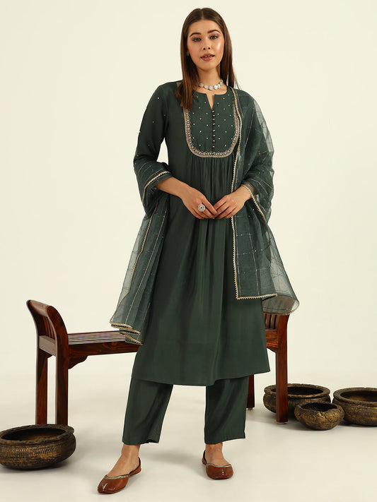 Women's Green Viscose Chanderi A-line Kurta with Pant and Dupatta