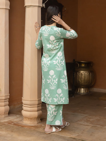 Dhiyona FL Women's Pista Green Cotton Flared Kurta Set