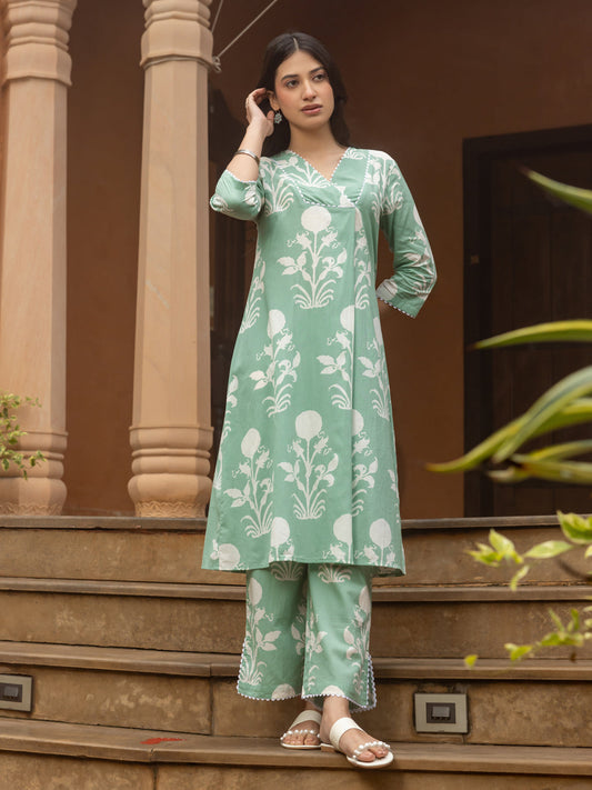 Dhiyona FL Women's Pista Green Cotton Flared Kurta Set