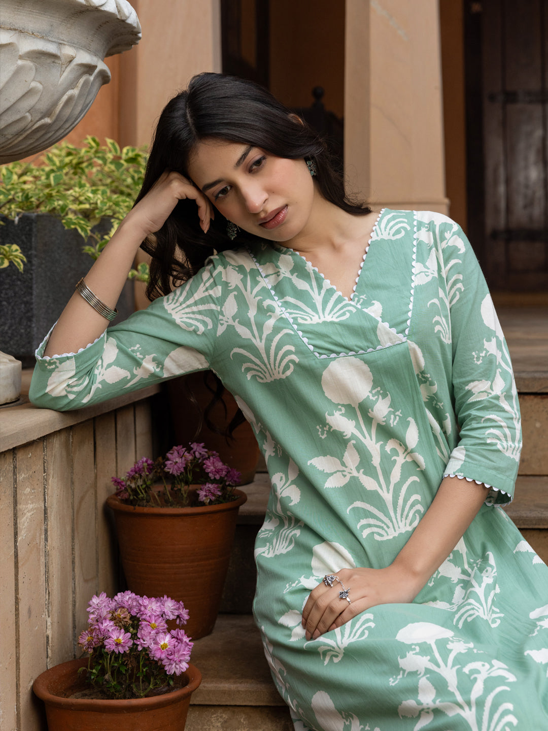 Dhiyona FL Women's Pista Green Cotton Flared Kurta Set