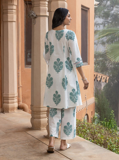 Dhiyona FL Women's White Cotton Flared Kurta Set