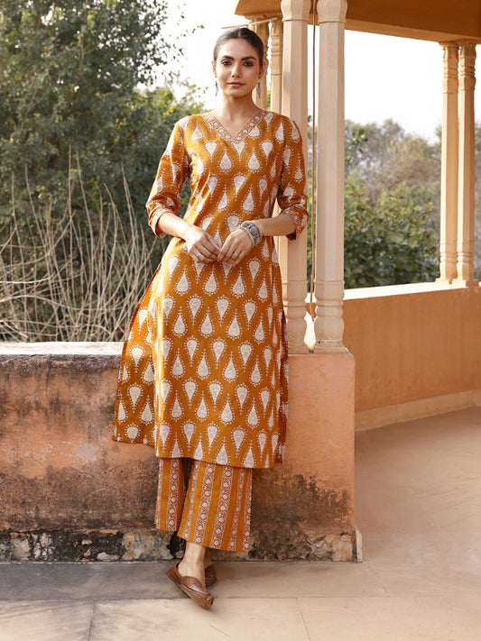 Dhiyona FL Women's Mustard Cotton Printed Straight-Cut Kurta Set