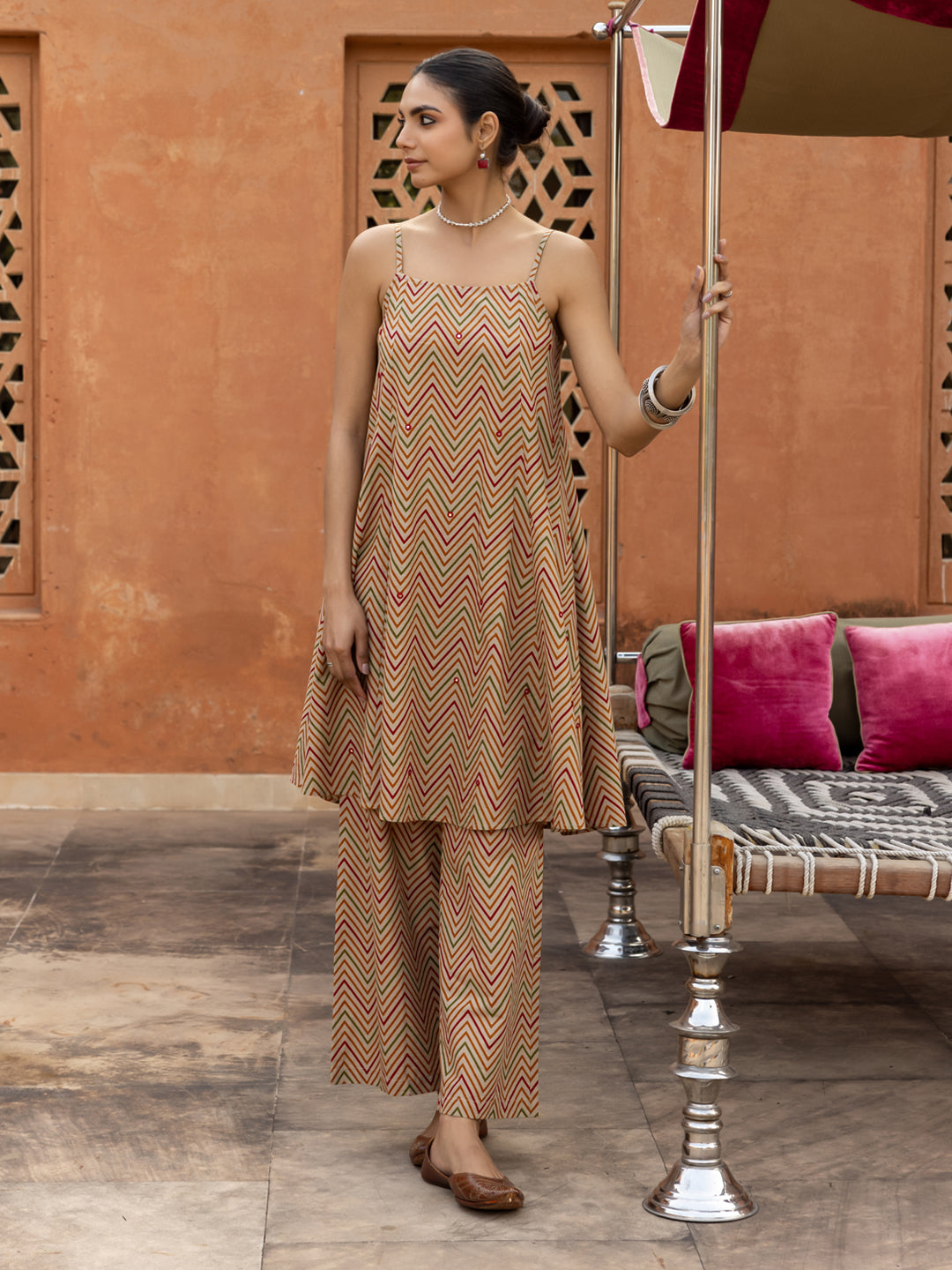 Dhiyona FL Women's Beige Printed Cotton A-Line Kurta Set