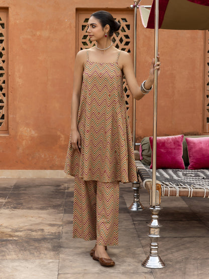 Dhiyona FL Women's Beige Printed Cotton A-Line Kurta Set