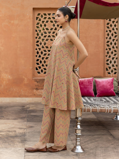 Dhiyona FL Women's Beige Printed Cotton A-Line Kurta Set