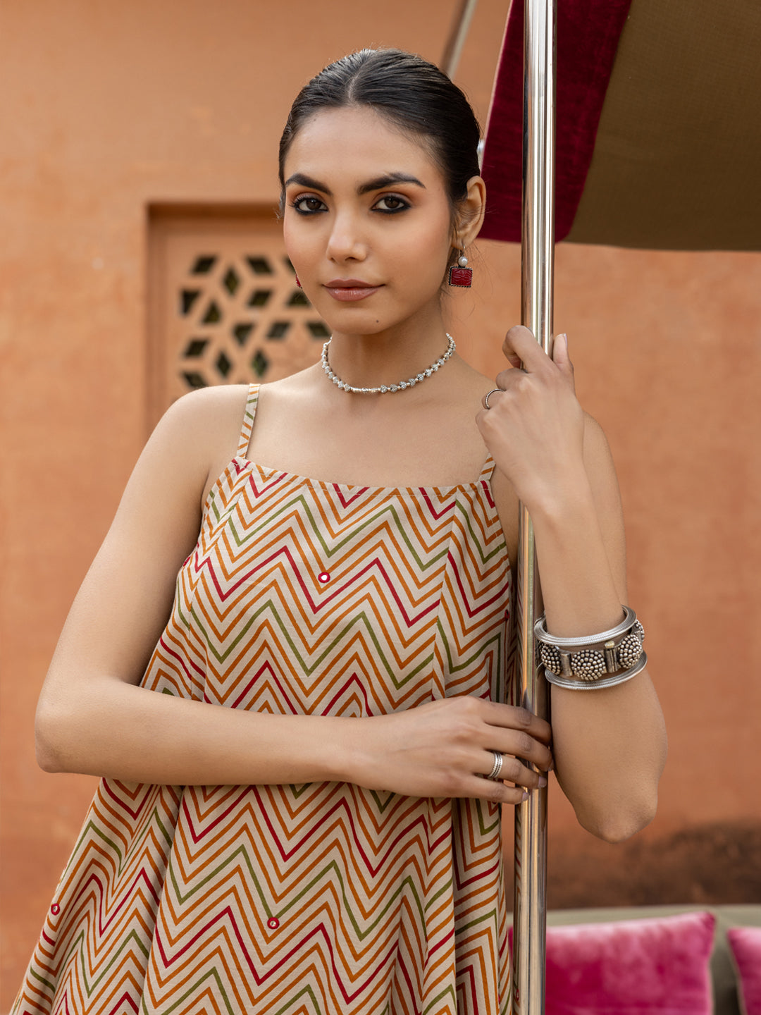 Dhiyona FL Women's Beige Printed Cotton A-Line Kurta Set