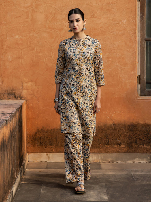 Dhiyona FL Women's Beige Floral Print Cotton Straight Kurta Set