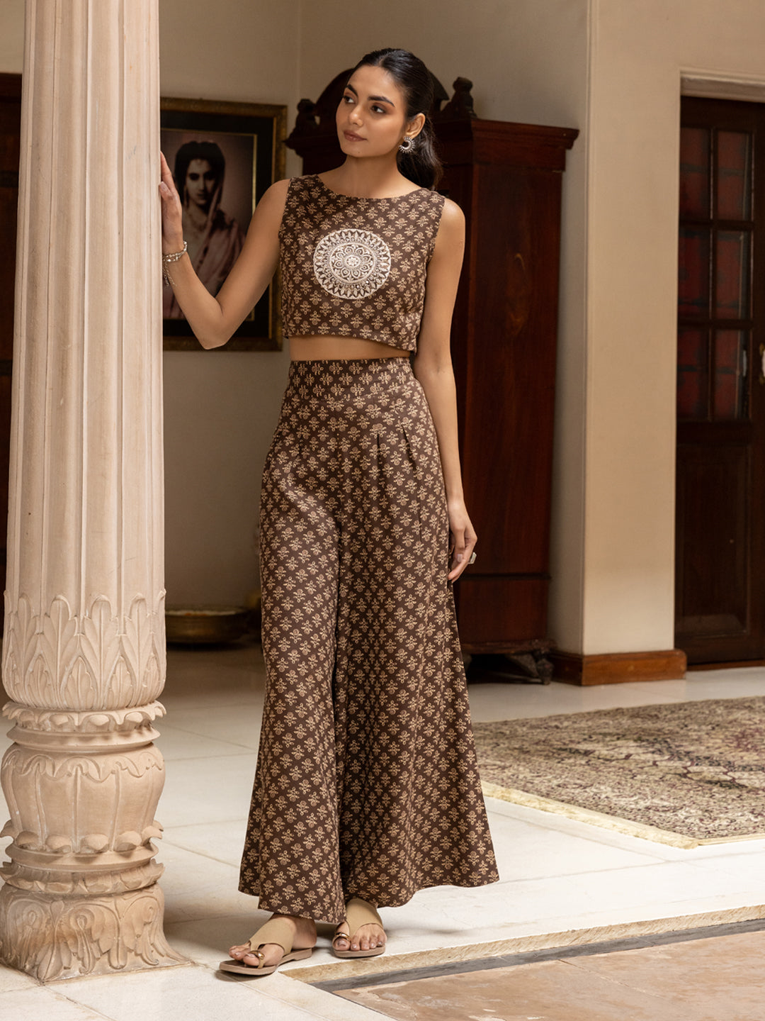 Dhiyona FL Women's Brown Cotton Printed Co-ord Set