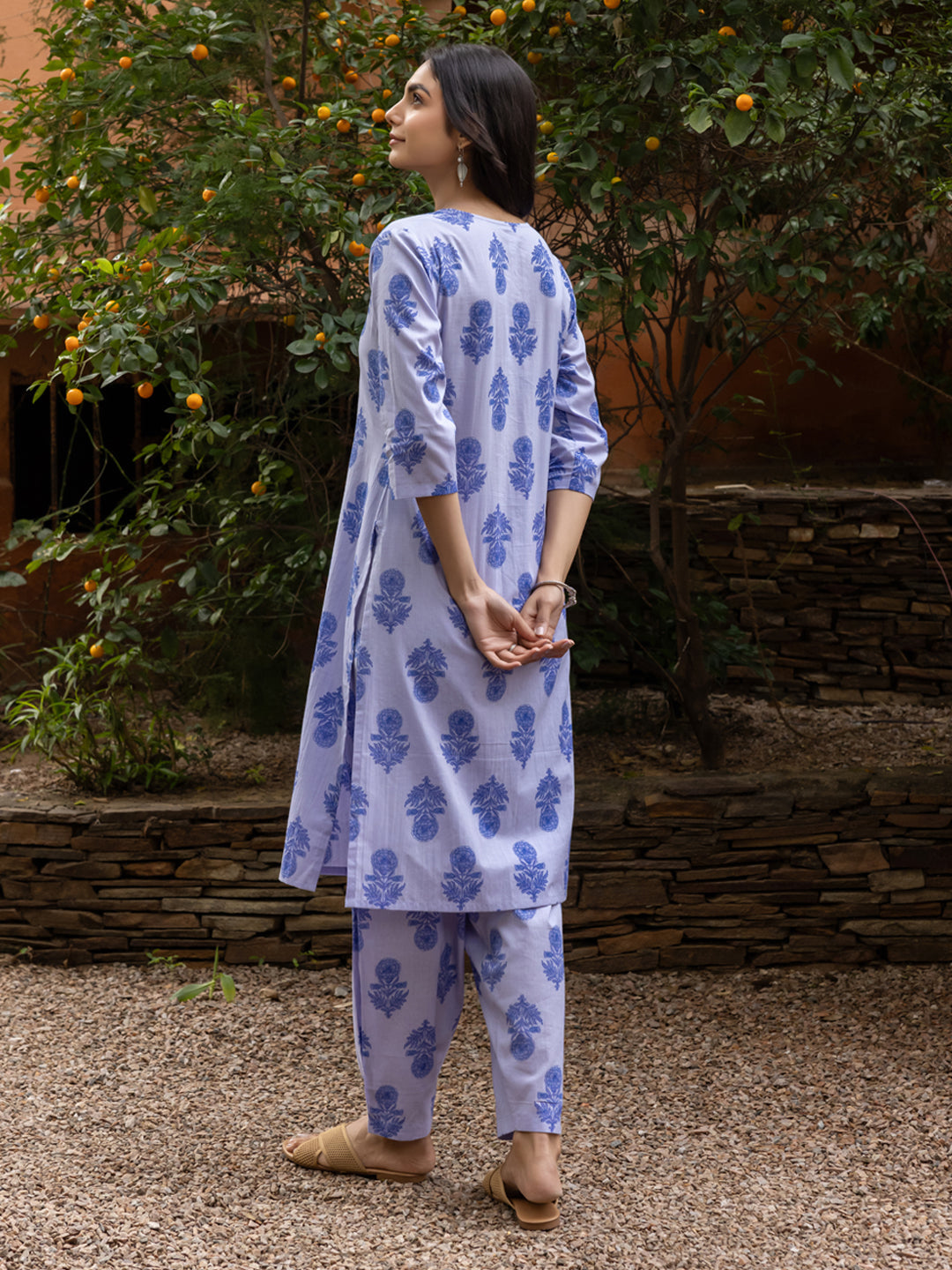 Dhiyona FL Women's Blue Cotton Flared Kurta Set