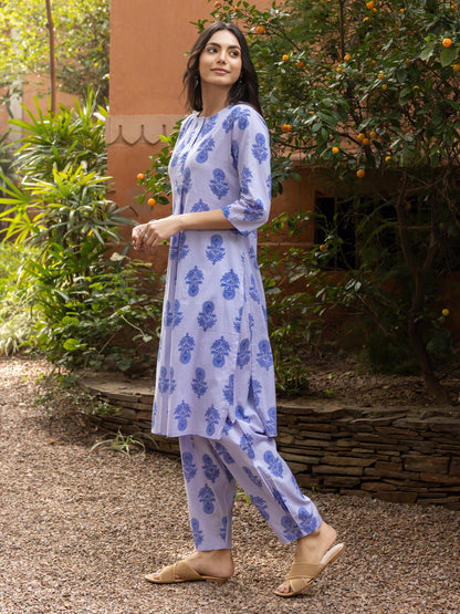 Dhiyona FL Women's Blue Cotton Flared Kurta Set