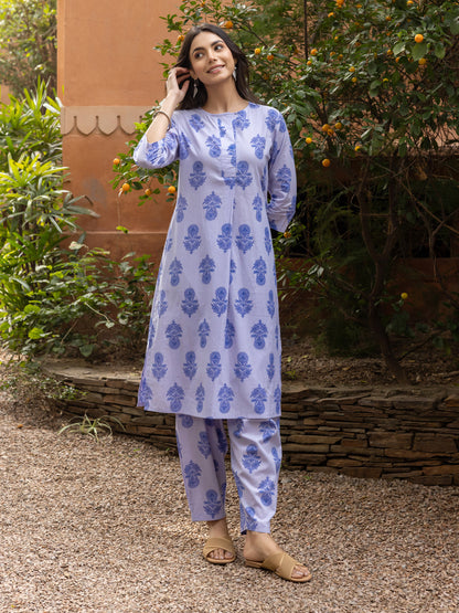 Dhiyona FL Women's Blue Cotton Flared Kurta Set