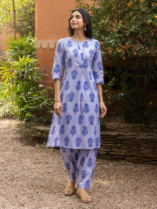 Dhiyona FL Women's Blue Cotton Flared Kurta Set