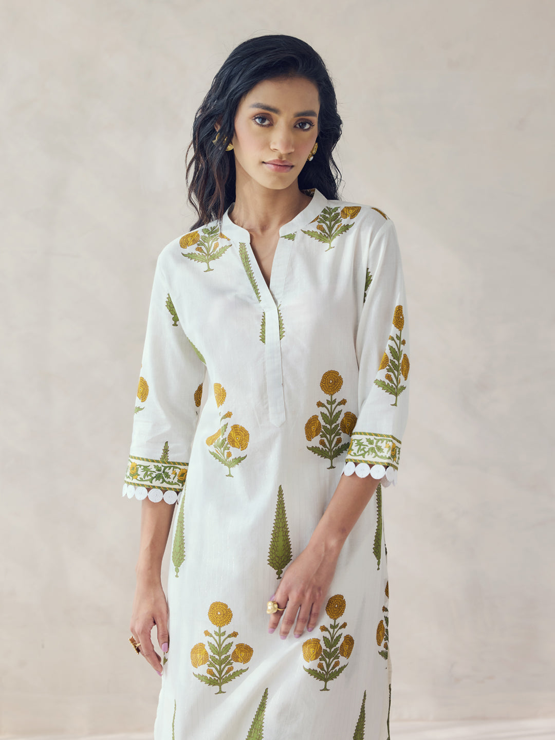 Dhiyona FL Women's Off-White Floral Print Cotton Straight Kurta Set