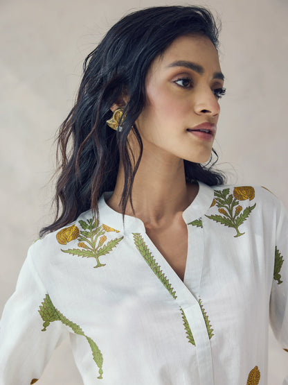 Dhiyona FL Women's Off-White Floral Print Cotton Straight Kurta Set