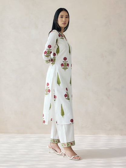 Dhiyona FL Women's Off-White Floral Print Cotton Straight Kurta Set