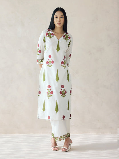 Dhiyona FL Women's Off-White Floral Print Cotton Straight Kurta Set