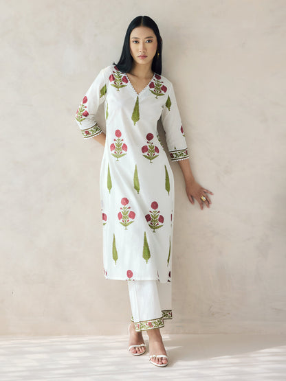 Dhiyona FL Women's Off-White Floral Print Cotton Straight Kurta Set