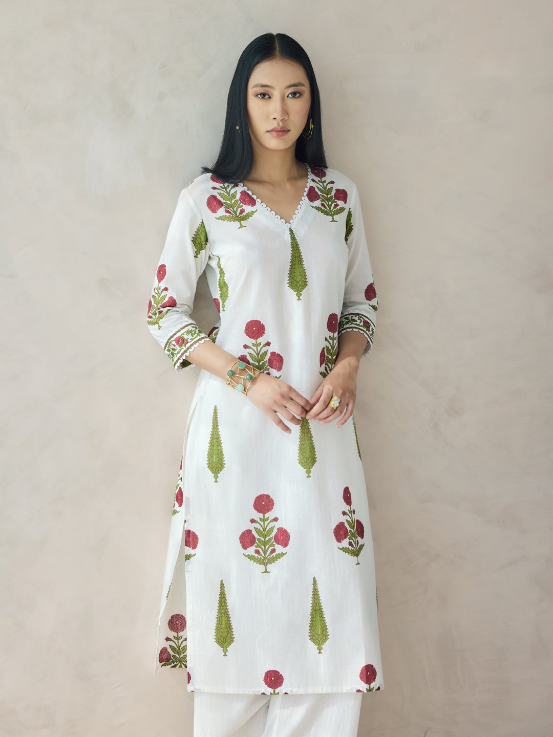 Dhiyona FL Women's Off-White Floral Print Cotton Straight Kurta Set