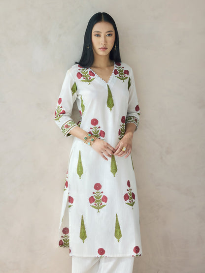 Dhiyona FL Women's Off-White Floral Print Cotton Straight Kurta Set