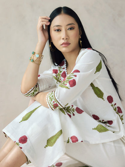 Dhiyona FL Women's Off-White Floral Print Cotton Straight Kurta Set