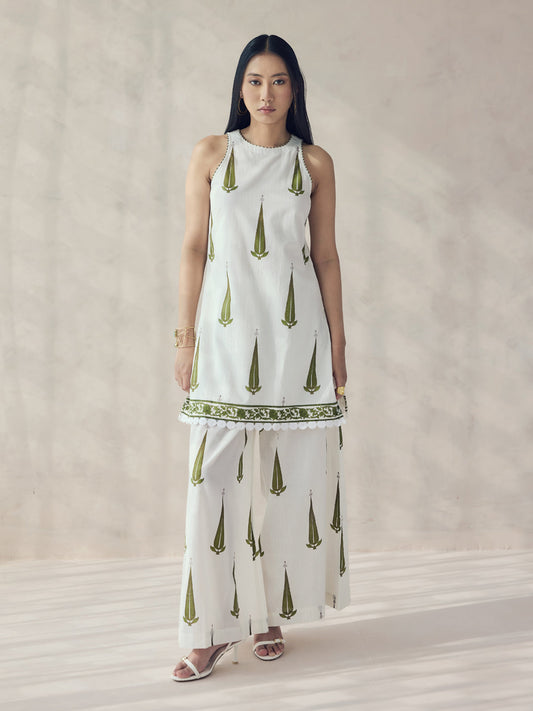 Dhiyona FL Women's Off-White Printed Cotton Sleeveless Kurta Set