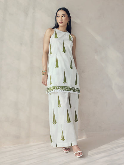 Dhiyona FL Women's Off-White Printed Cotton Sleeveless Kurta Set