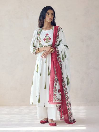 Dhiyona FL Women's Off-White Printed Anarkali Kurta Set with Dupatta