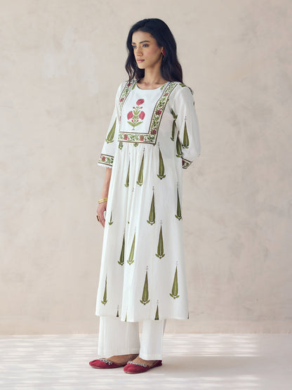 Dhiyona FL Women's Off-White Printed Anarkali Kurta Set with Dupatta