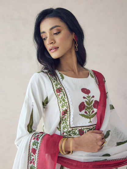 Dhiyona FL Women's Off-White Printed Anarkali Kurta Set with Dupatta