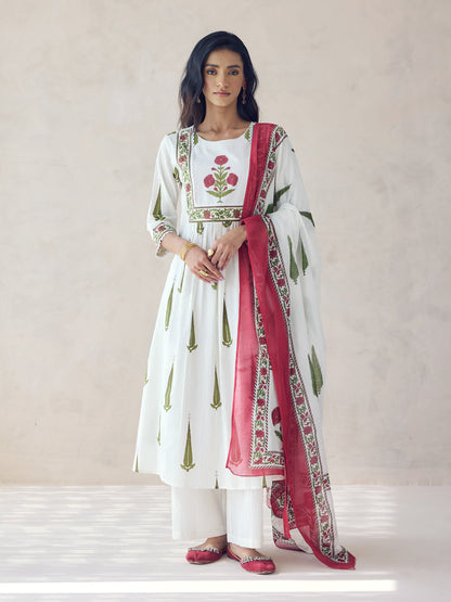 Dhiyona FL Women's Off-White Printed Anarkali Kurta Set with Dupatta