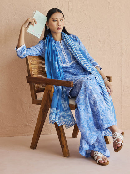Dhiyona FL Women's Blue Paisley Printed Cotton Kurta Set with Dupatta
