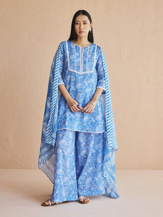 Dhiyona FL Women's Blue Paisley Printed Cotton Kurta Set with Dupatta