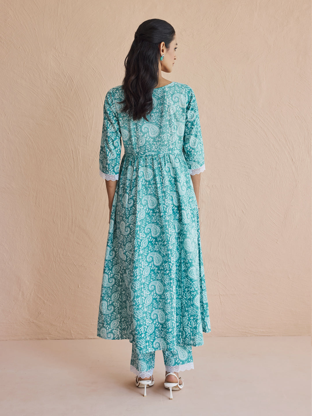 Dhiyona FL Women's Firozi Printed Cotton Anarkali Kurta Set with Dupatta