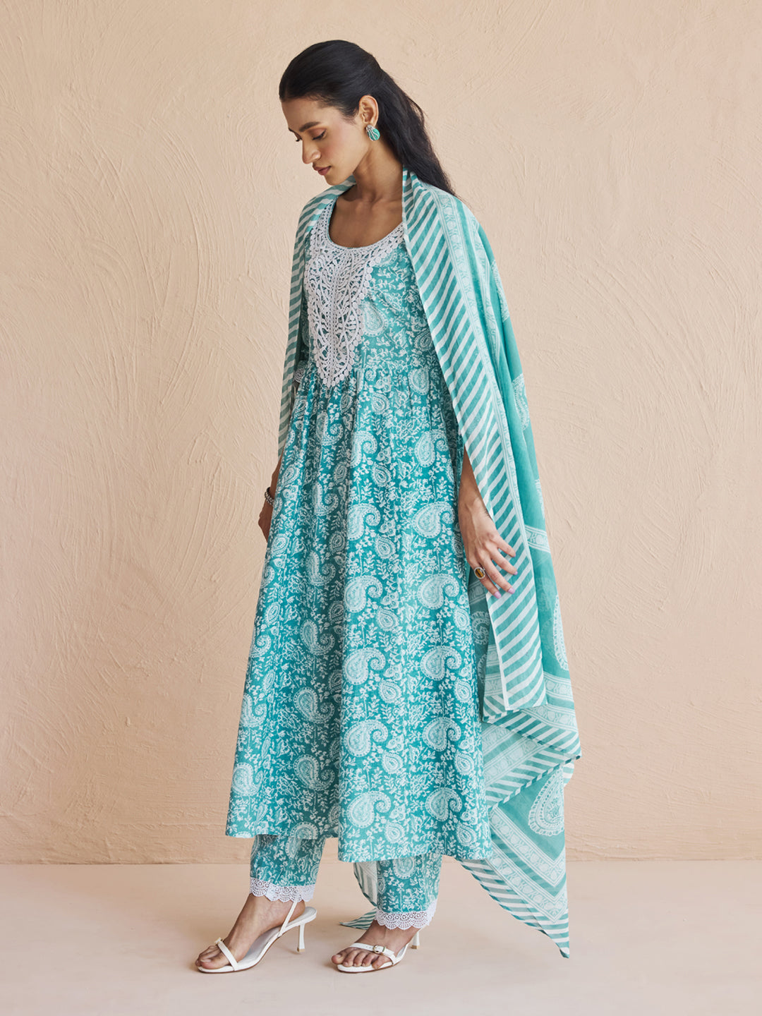 Dhiyona FL Women's Firozi Printed Cotton Anarkali Kurta Set with Dupatta