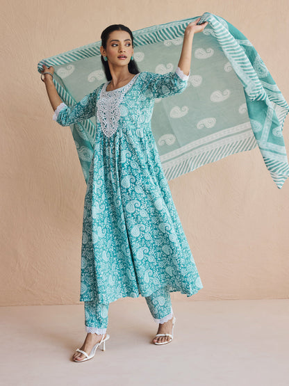 Dhiyona FL Women's Firozi Printed Cotton Anarkali Kurta Set with Dupatta