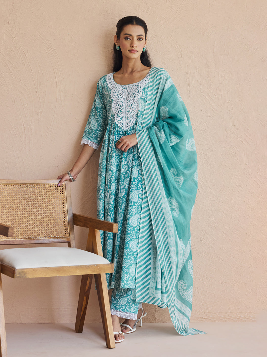 Dhiyona FL Women's Firozi Printed Cotton Anarkali Kurta Set with Dupatta